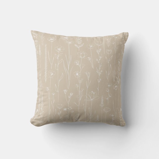 Taupe Wildflower Line Art Floral Throw Pillow (Front)