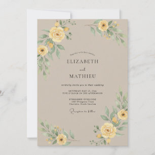 Taupe Yellow Ranunculus Eucalyptus Wedding Invitation