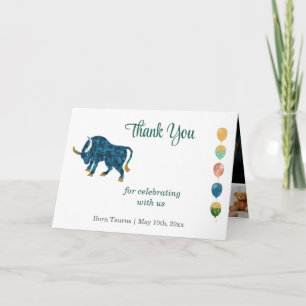 Taurus 1st Birthday Gold & Photo Thank You Card