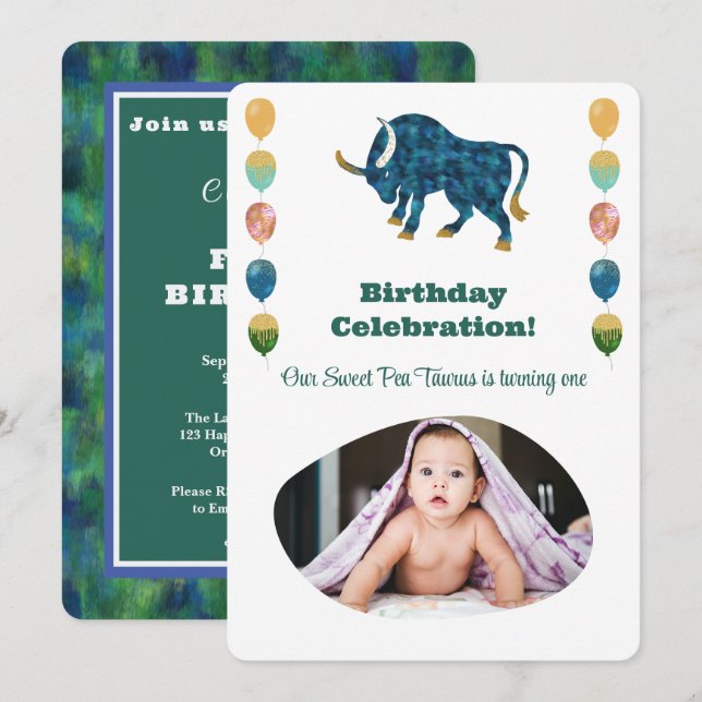 Taurus 1st Birthday Photo Impressionist Gold  Invi Invitation (Front/Back)