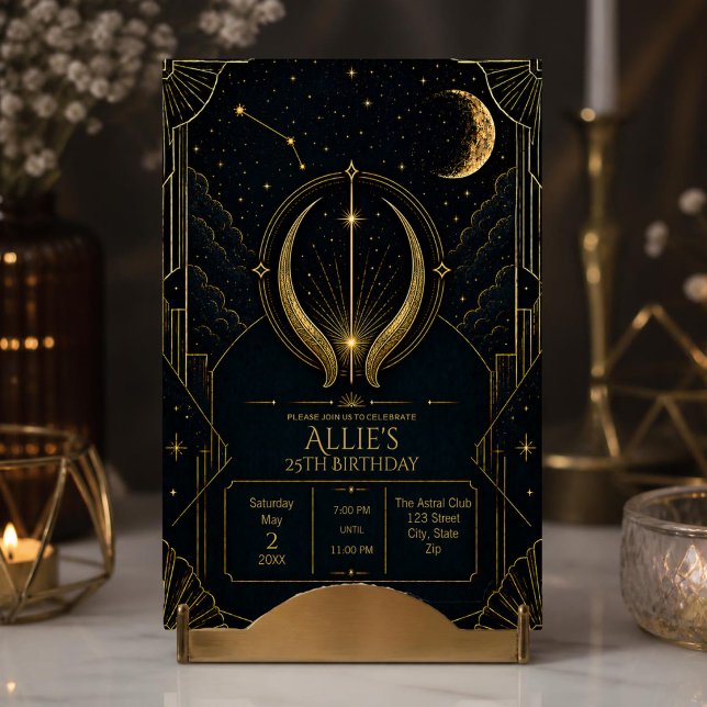 Taurus 25th Birthday Invitation Celestial Zodiac (Elegant Taurus 25th birthday invitation with celestial zodiac stars, moon and gold Art Deco style.)