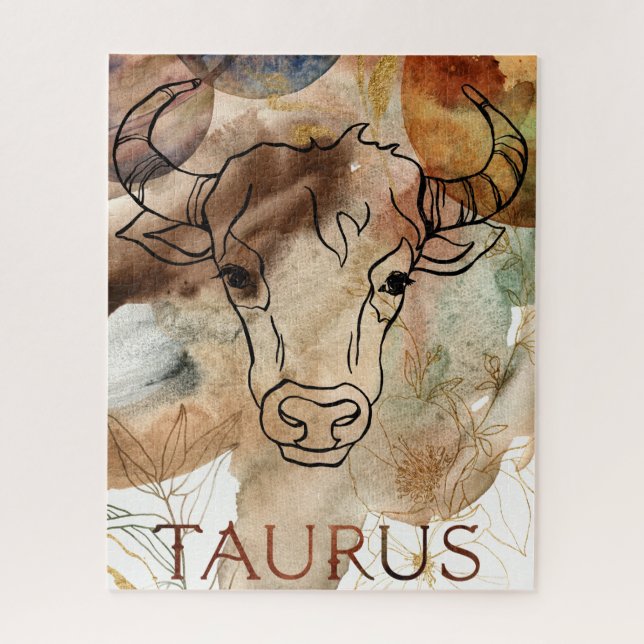 Taurus bull brown gold flowers planet watercolor jigsaw puzzle (Vertical)