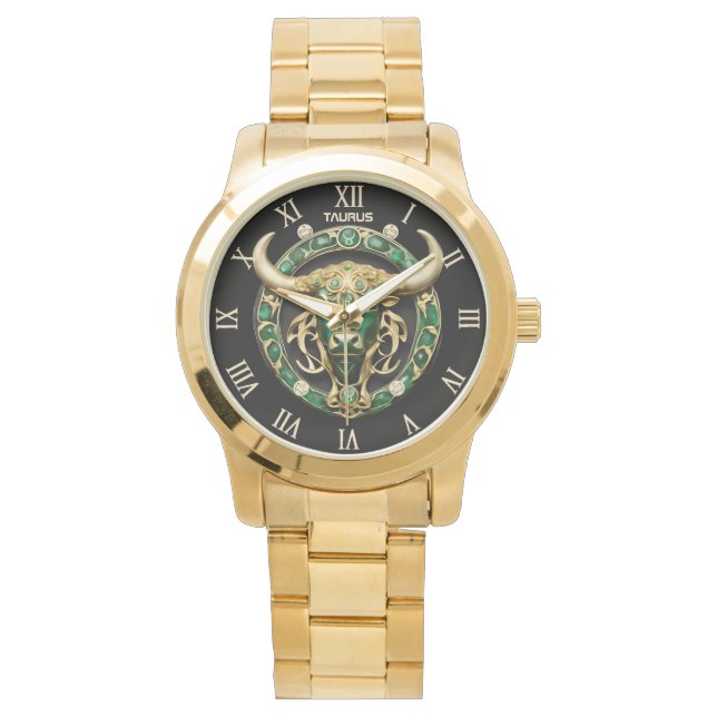Taurus Bull, Emerald and Gold Personalised Watch (Front)