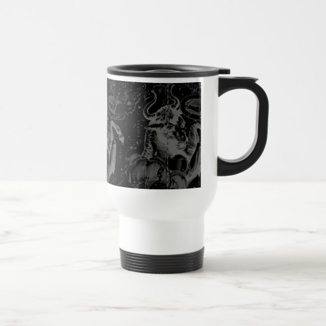 Taurus Constellation Map Hevelius 1690 on Black Travel Mug (Right)