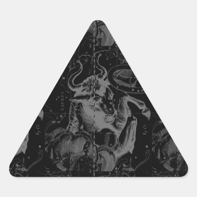Taurus Constellation Map Hevelius 1690 on Black Triangle Sticker (Front)