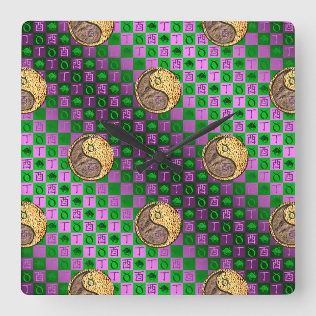 Taurus & Fire Rooster Square Wall Clock (Front)
