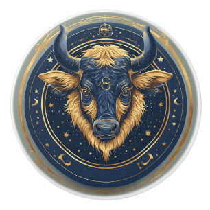 ♉ Taurus Gold Bull Ring Hockey Puck Zodiac Gift ✨ Ceramic Knob