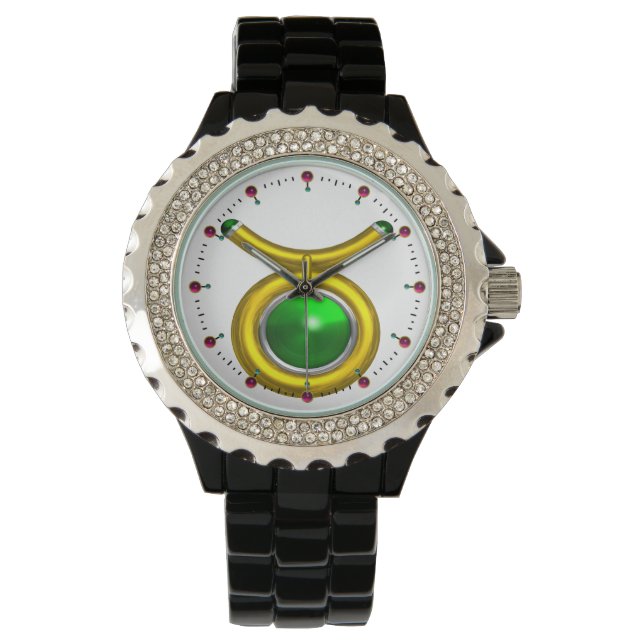 TAURUS GOLD ZODIAC BIRTHDAY JEWEL,Green ,White Watch (Front)