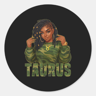Taurus Queen Locd Black Woman Camo Zodiac Sign Classic Round Sticker