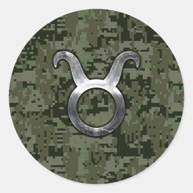 Taurus Sign on Woodland Green Digital Camouflage Classic Round Sticker (Front)