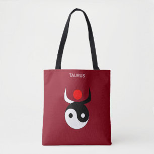 Taurus & Stylish Black & White Yin Yang on Maroon Tote Bag