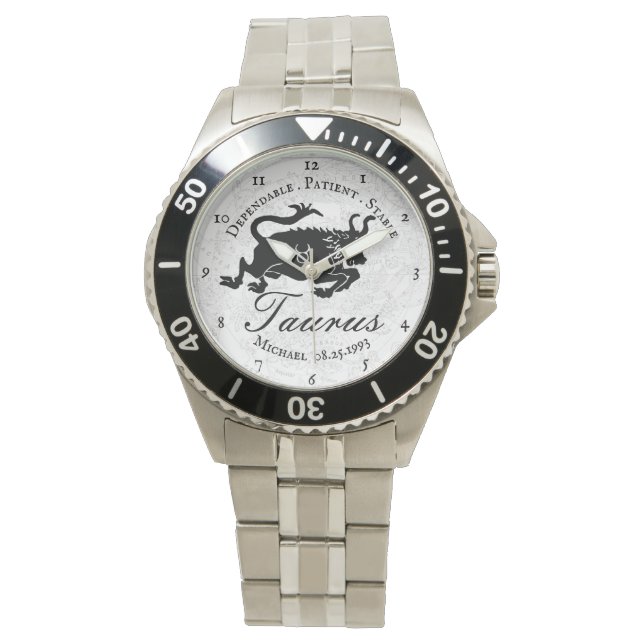 Taurus Traits Zodiac Black White Astrology Custom Watch (Front)