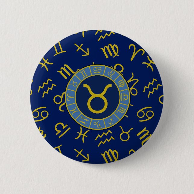 Taurus Zodiac+Astrology Symbols Pattern Gold+Blues 6 Cm Round Badge (Front)