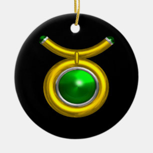 TAURUS ZODIAC BIRTHDAY JEWEL GREEN EMERALD Gold Ceramic Tree Decoration
