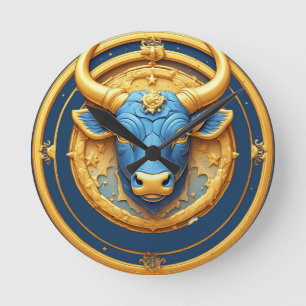 Taurus Zodiac Bull Emblem With Gold Ring Round Clock