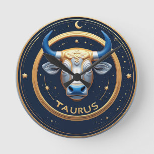 Taurus Zodiac Bull Emblem With Gold Ring Round Clock