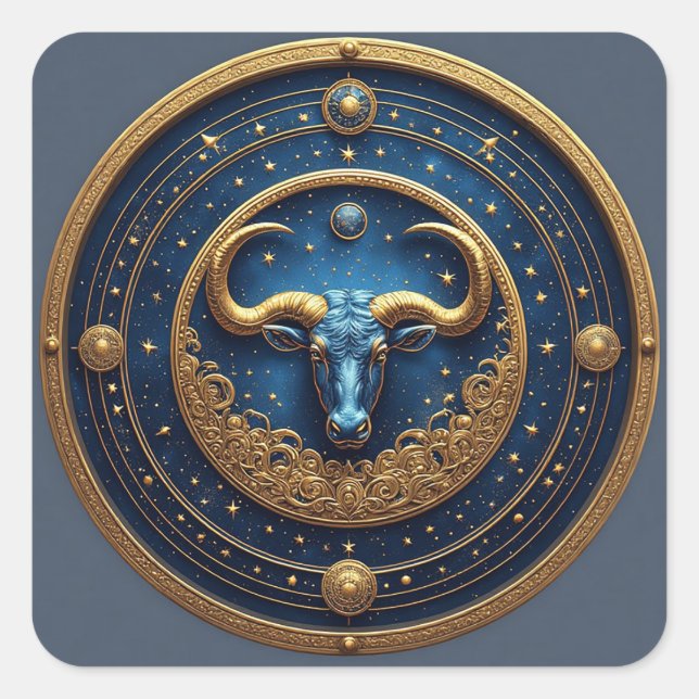 Taurus Zodiac Bull Emblem With Gold Ring Square Sticker (Front)