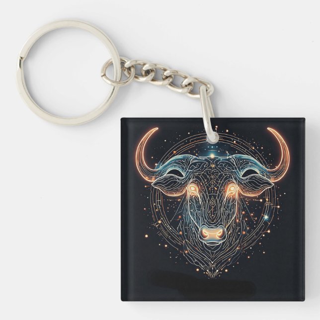 Taurus Zodiac Bull with Glowing Geometric Lines Key Ring (Front)