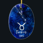 Taurus Zodiac Constellation Blue Galaxy Monogram Ceramic Tree Decoration<br><div class="desc">Taurus Zodiac Constellation Blue Galaxy Monogram Design. With trendy Brushed Script Font, Dark blue celestial watercolor background texture, Glowing star constellation, and The Bull symbol. Modern Astrological Sign Birth Horoscope, is perfect for any Taurian Birthday From April 20 - May 20 ! With Optional Monogrammed First Middle and Last name...</div>