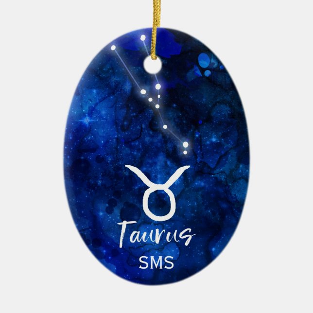 Taurus Zodiac Constellation Blue Galaxy Monogram Ceramic Tree Decoration (Front)
