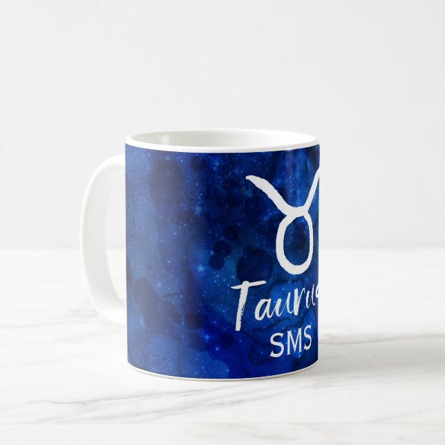 Taurus Zodiac Constellation Blue Galaxy Monogram Coffee Mug (Front Left)