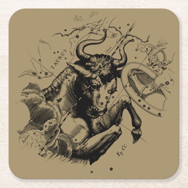 Taurus Zodiac Constellation Hevelius 1690 on Taupe Square Paper Coaster (Front)