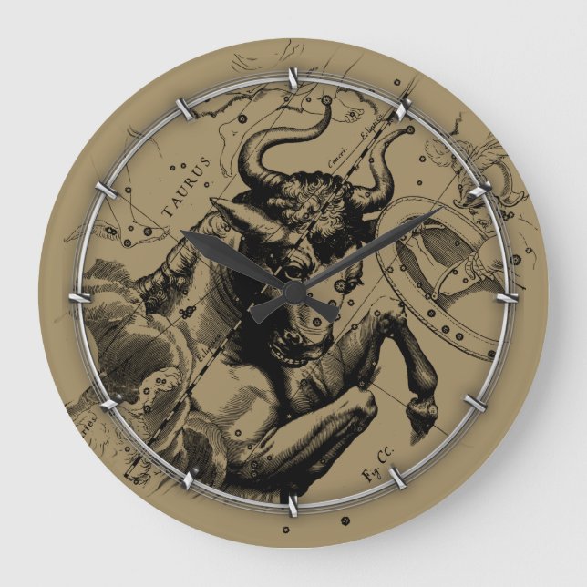 Taurus Zodiac Constellation Map Hevelius 1690 Large Clock (Front)