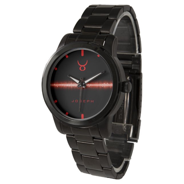 Taurus Zodiac Cool Red Fire Light Line Custom Name Watch (Angled)