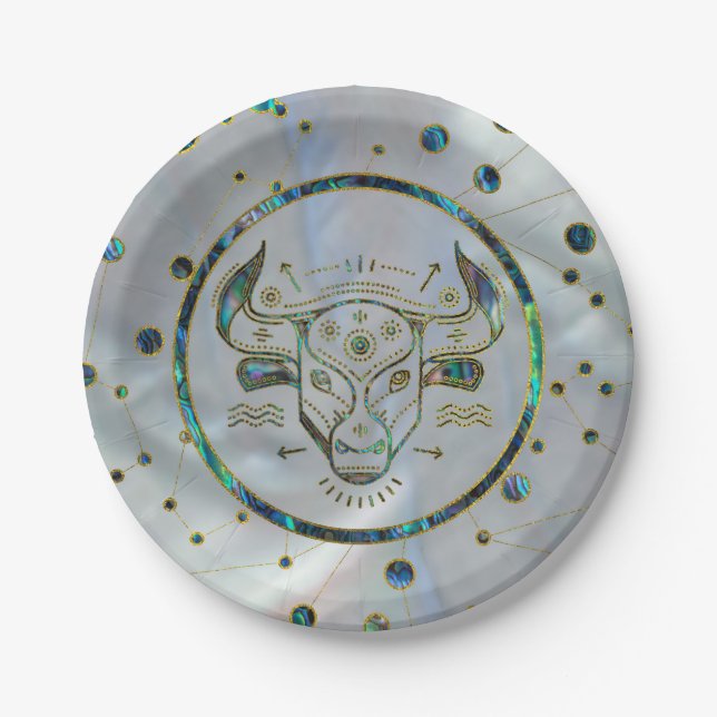 Taurus Zodiac Gold Abalone on Constellation Paper Plate (Front)
