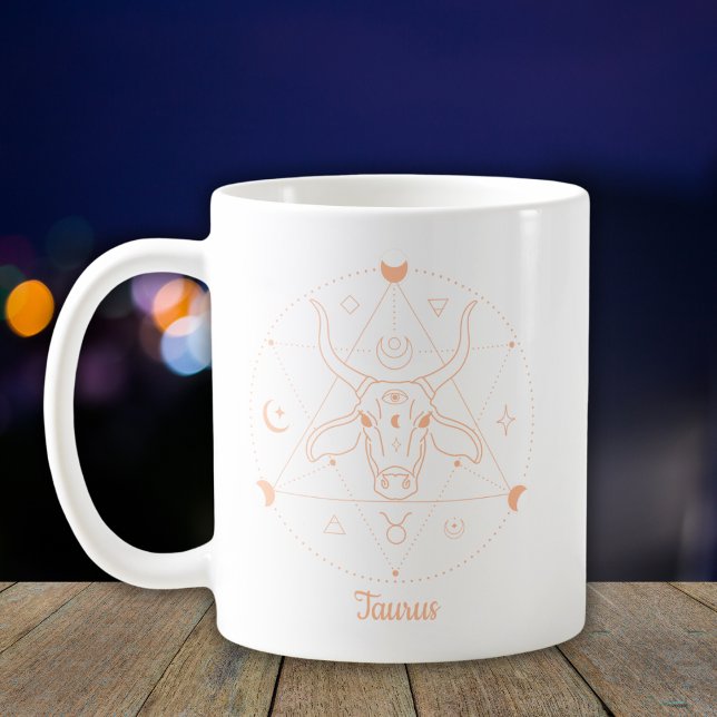 Taurus Zodiac Line Art White Peach Coffee Mug (Creator Uploaded)