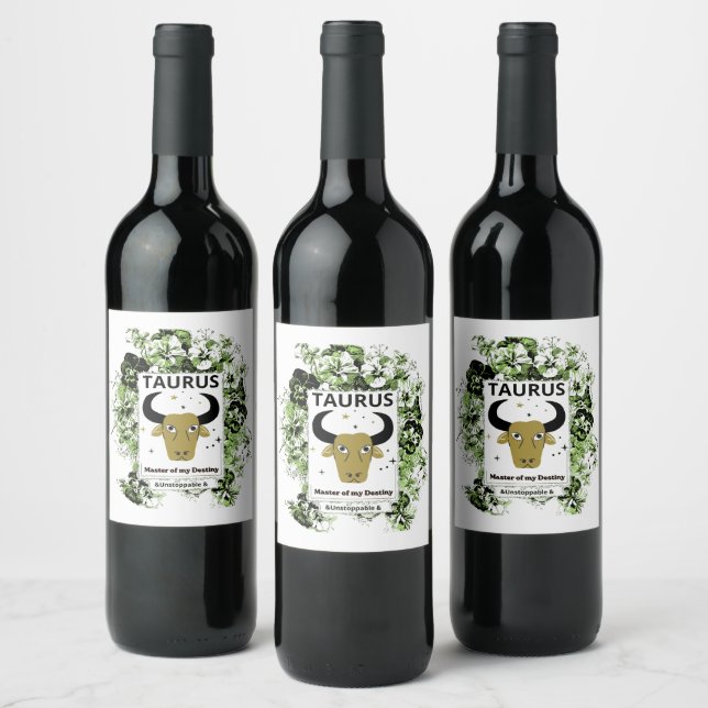 Taurus Zodiac Master of Destiny Floral Art Wine Label (Bottles)
