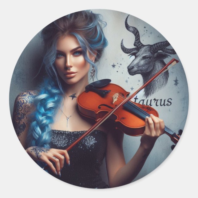 Taurus Zodiac Musician Violin Classic Round Sticker (Front)