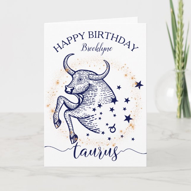 Taurus Zodiac Navy & Gold Monochrome Birthday Card (Front)