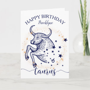 Taurus Zodiac Navy & Gold Monochrome Birthday Card