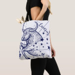 Taurus Zodiac Navy & Gold Monochrome Graphic Tote<br><div class="desc">For our zodiac monochrome collection we've created these beautiful one-of-a-kind custom deep navy blue zodiac illustrative graphic tote bag designs. The tote bag features our own original interpreted detailed hand-drawn Taurus zodiac astrological artwork in a deep navy blue colour. Stylish Taurus zodiac text is incorporated along with the Taurus artwork...</div>