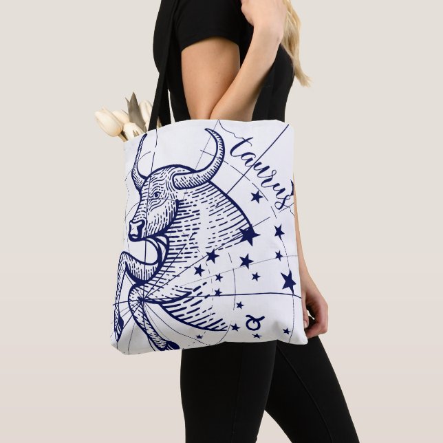 Taurus Zodiac Navy & Gold Monochrome Graphic Tote Bag (Close Up)