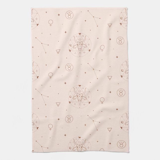 Taurus Zodiac Pattern in Brown and Burgundy Tea Towel (Vertical)