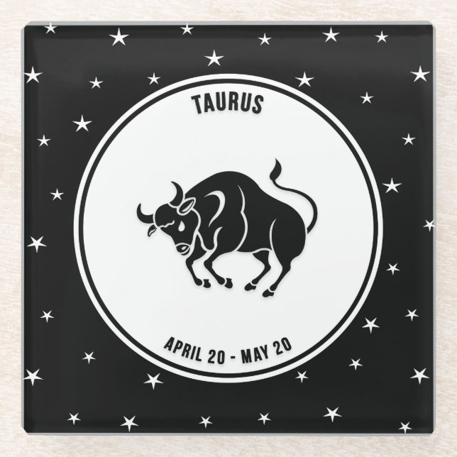 Taurus Zodiac Sign, Black & White Glass Coaster (Front)
