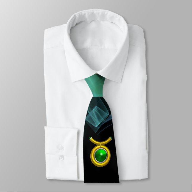 TAURUS ZODIAC SIGN ,BLUE GREEN FRACTAL SWIRLS TIE (Tied)