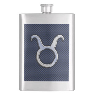 Taurus Zodiac Sign Decor Navy Blue Carbon Fiber Hip Flask