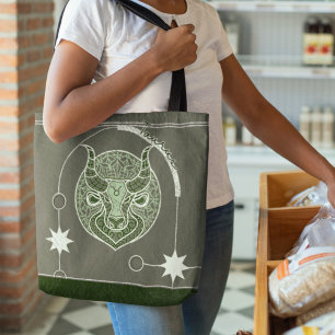 Taurus Zodiac Sign Green and White Mandala Tote Bag