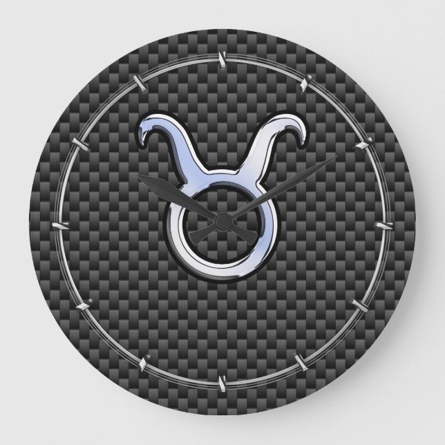 Taurus Zodiac Sign on Black Carbon Fiber Print Large Clock (Front)