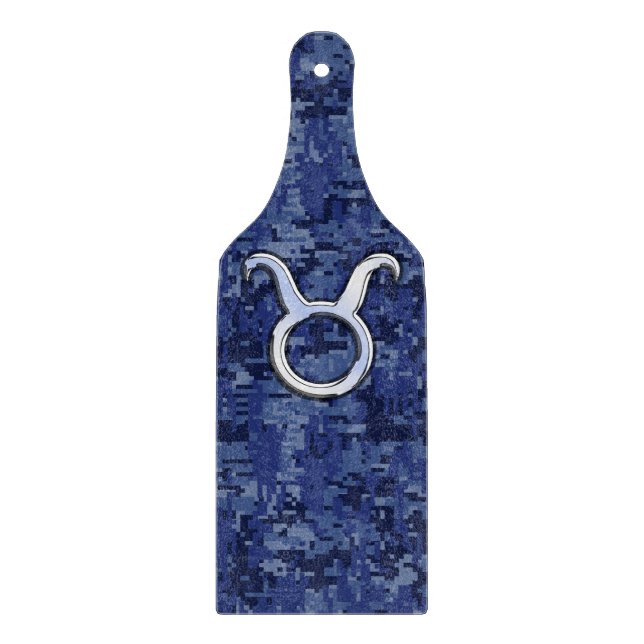 Taurus Zodiac Sign on Blue Digital Camouflage Cutting Board (Front)