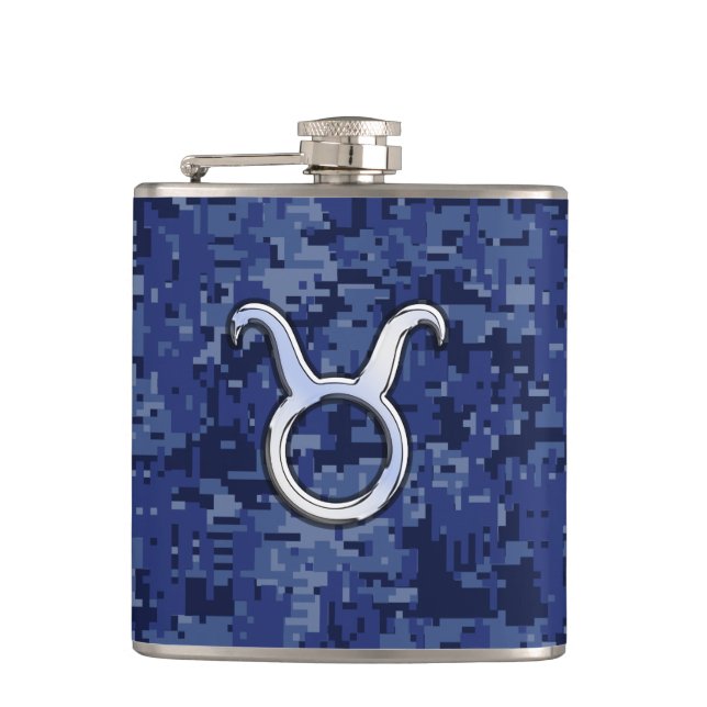 Taurus Zodiac Sign on Blue Digital Camouflage Hip Flask (Front)