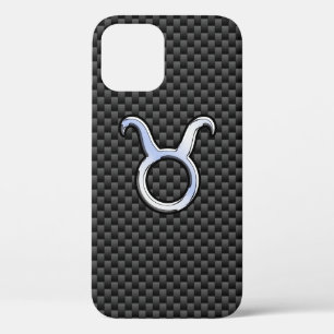 Taurus Zodiac Sign on Charcoal Carbon Fibre Print iPhone 12 Case