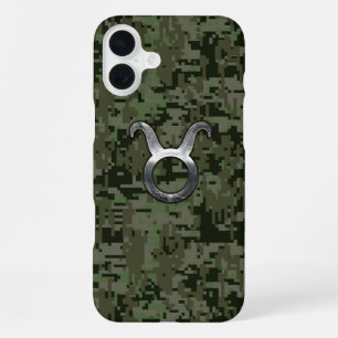 Taurus Zodiac Sign on Green Camo iPhone 16 Plus Case