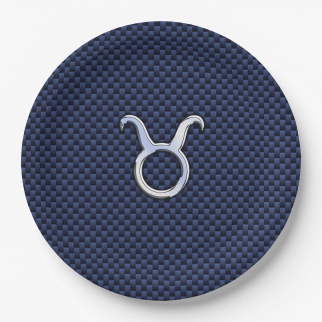 Taurus Zodiac Sign on Navy Blue Carbon Fibre Style Paper Plate (Front)