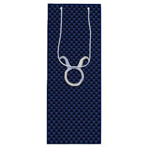 Taurus Zodiac Sign on Navy Blue Carbon Fibre Style Wine Gift Bag