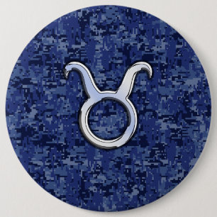 Taurus Zodiac Sign on Navy Blue Digital Camouflage 6 Cm Round Badge