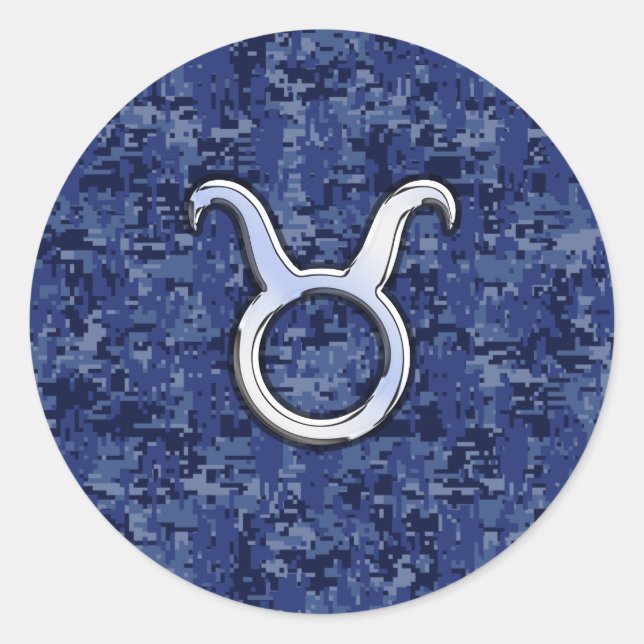 Taurus Zodiac Sign on Navy Blue Digital Camouflage Classic Round Sticker (Front)